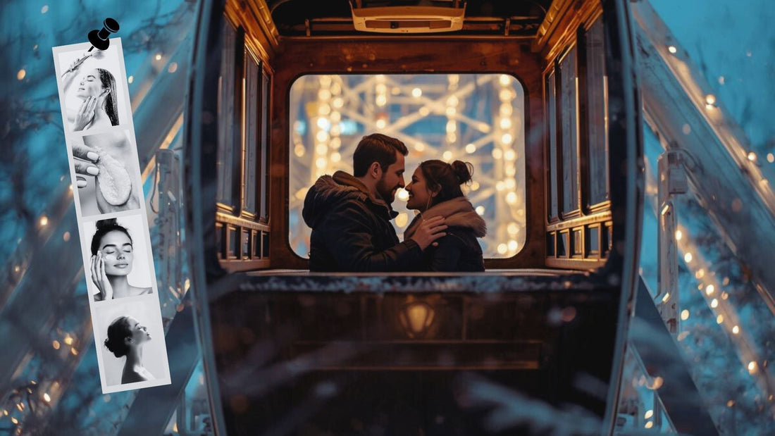 Paar sitzt in einer Gondel mit Lichterketten im Hintergrund, winterliche Stimmung mit Riesenrad. Daneben Schwarz-Weiß-Fotostreifen mit Selfcare-Motiven – Symbol für die richtige Hautpflege vor dem Date.