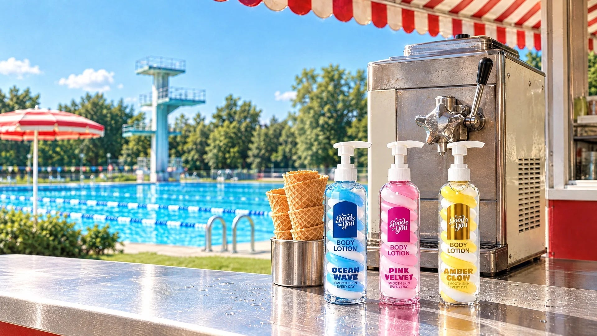 Body Lotion Ocean Wave, Pink Velvet und Amber Glow vor der Softeismaschine am Freibad-Kiosk