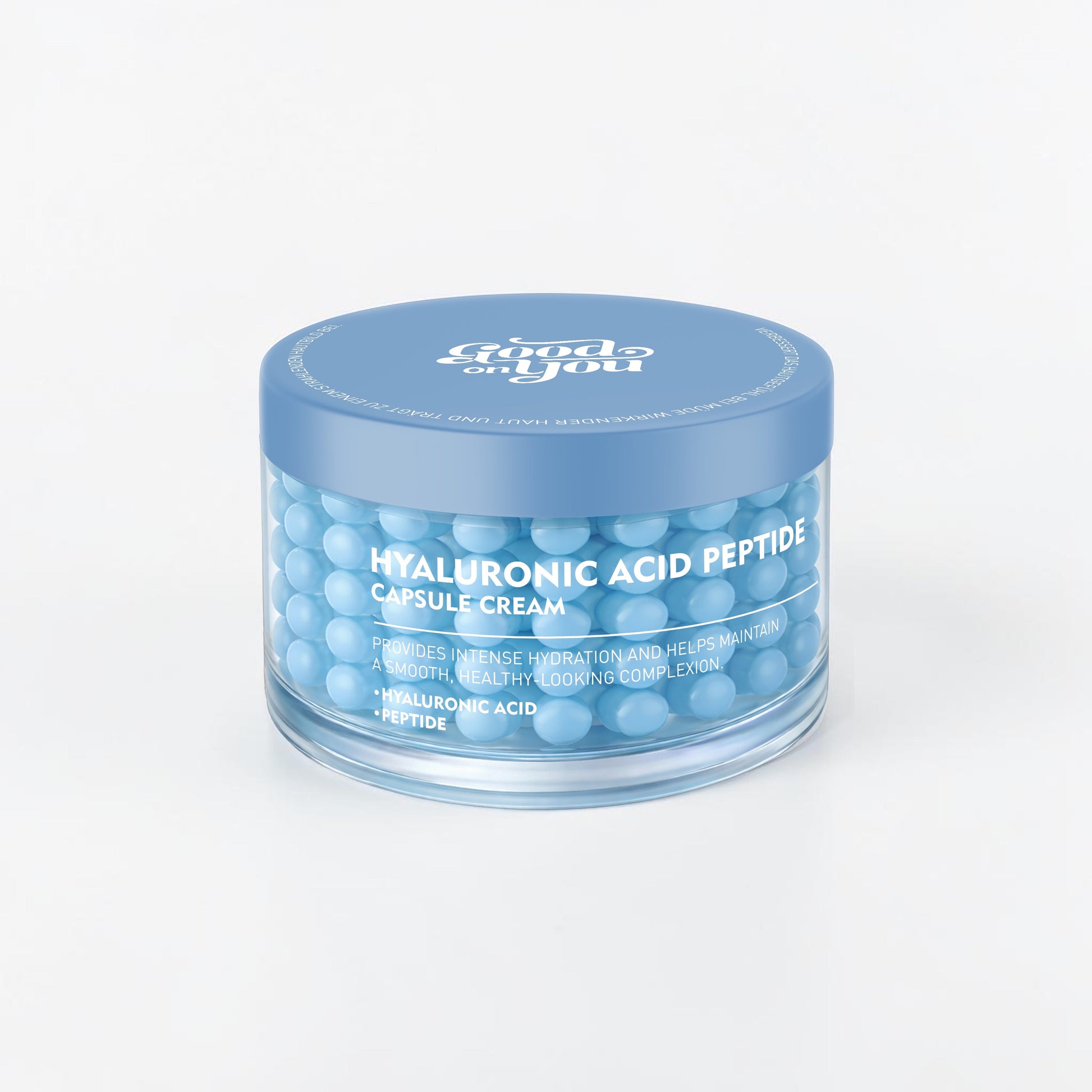 Hyaluronsäure Peptid Kapselcreme von Good on you, Nahaufnahme der Creme in Kapseln für feuchte, gepflegte Haut