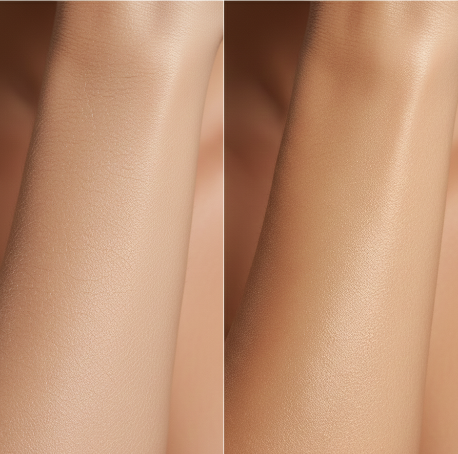 Before and after image of BEN&ANNA Bodylicious Cream, showcasing smooth, firm skin results.