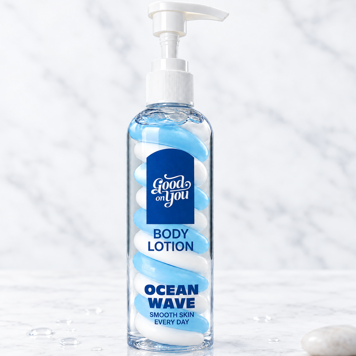 [KI] Good on You Body Lotion Ocean Wave mit Wassertropfen auf Marmor