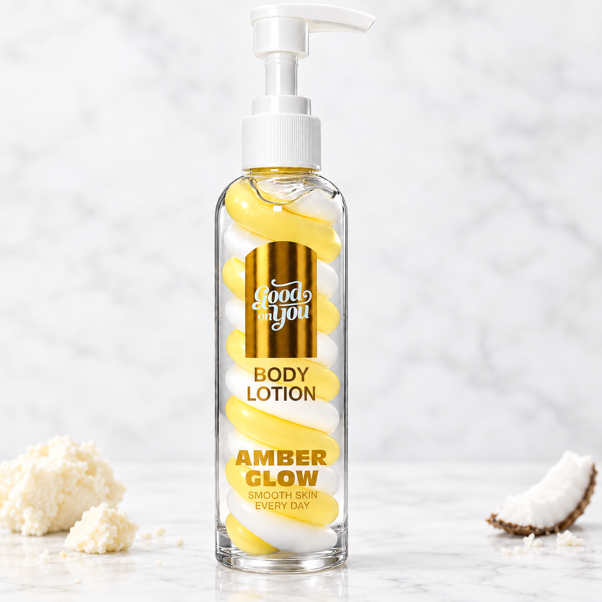[KI] Good on You Body Lotion Amber Glow mit Sheabutter und Kokos auf Marmor