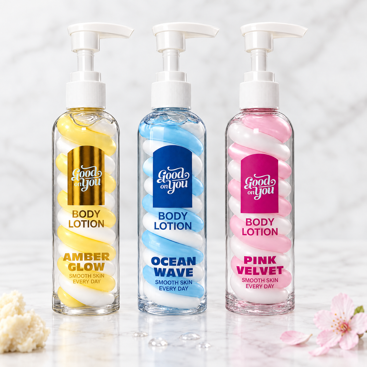 [KI] Good on You Swirl Body Lotion Trio: Amber Glow, Ocean Wave und Pink Velvet auf Marmor