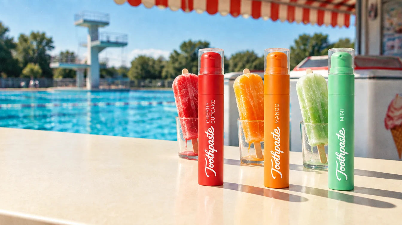 Zahnpasta Cherry Cupcake, Mango und Mint am Freibad-Kiosk